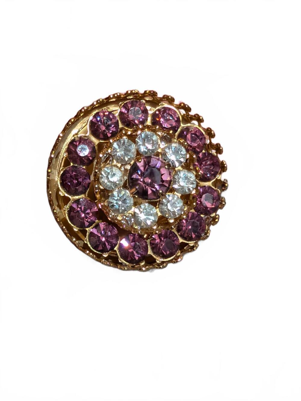 Vintage Coro Gold Tone Brooch with Purple and Clear Rhinestones